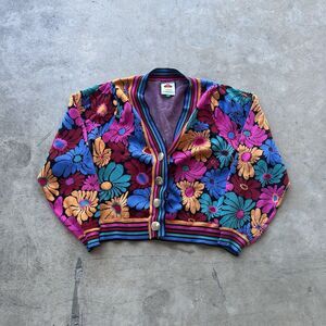 Farm Rio Sunny Daisies Knit Cardigan Sweater M Colorful Floral Boho Festival